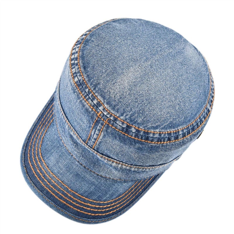 VOBOOM Washed Cotton Military Cadet Army Caps Unique Design Vintage Flat Top Hat (Denim Blue) - Image 5